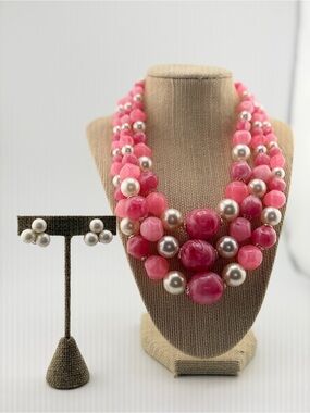 Vintage Pink Multi-Strand Bead Necklace with Pearl Accent - Women's Jewelry Bun